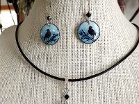 One Crow Sorrow, Two Crows Joy Earrings and Pendant Pysanky Eggshell Jewelry By So Jeo : pysanky pysanka ukrainian easter egg batik art eggshell jewelry pendants earrings drop dangle etched flowers gift women accessories accessory pendant necklace bail crystal finding sterling silver filled sojeo flowers celtic purple white red pink brown green purple orange cream burgundy magenta teal turqoise crows crow blue black so jeo art handmade